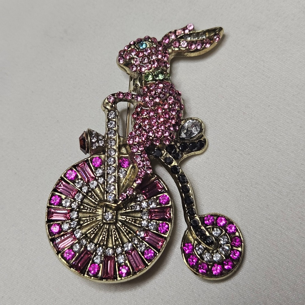 Rabbit Penny Farthing Bicycle Brooch OS Pink Rhinestone Whimsical Pin
